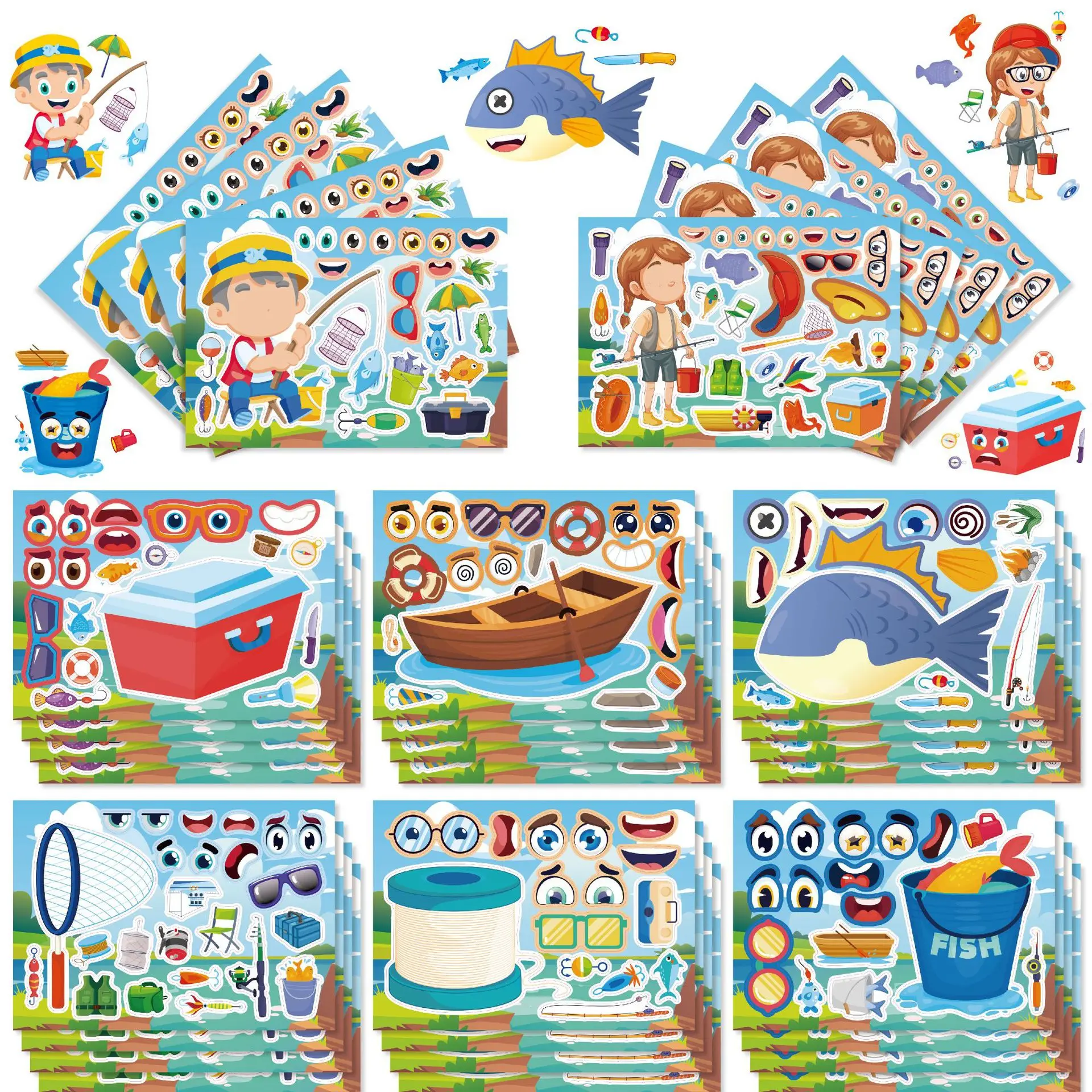 

8/16Sheets Campus Classroom Fishing Make a Face Puzzle Sticker Funny Cartoon Decal DIY Laptop Phone Guitar Skateboard Kid Toys