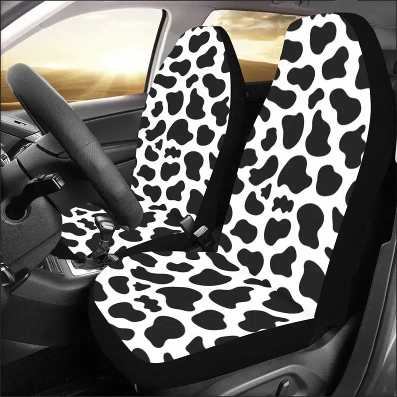 Cow Print Car Seat Covers for Vehicle 2 pc, Black White Animal Pattern Front Seat Covers, Car SUV Gift Her Protector Accessory D