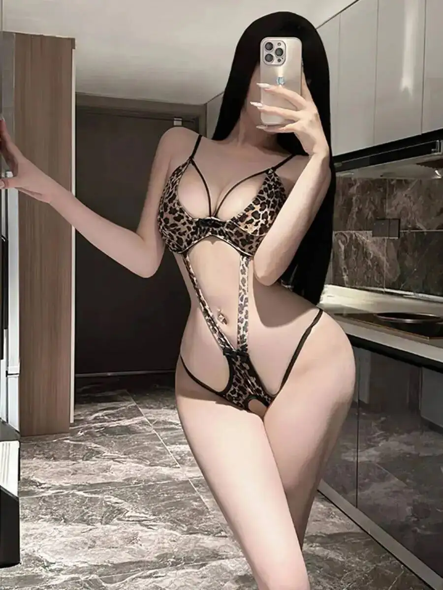Sexy Leopard Print Bodysuits Pure Desire Style Hollow Out Backless Deep V Suspenders Sleeveless Bodysuits Charming Woman 8L3Y