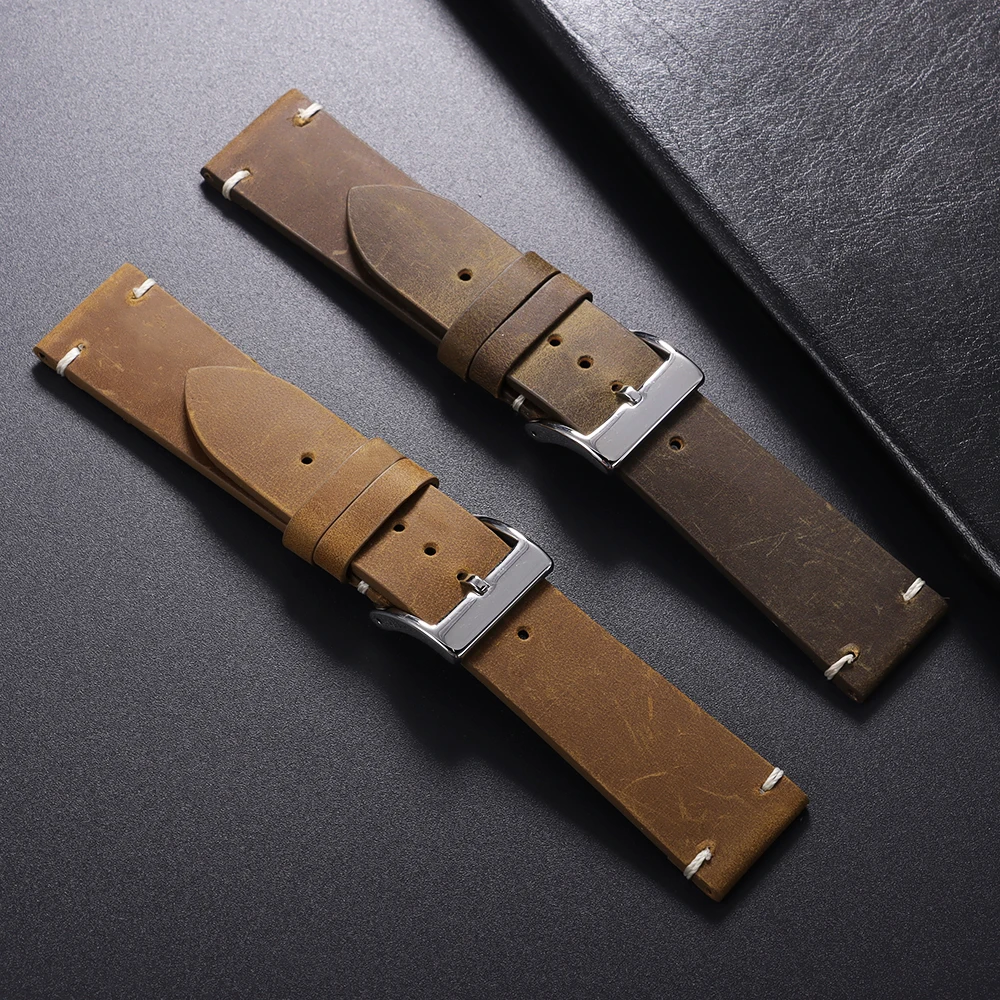 18mm 20mm 21mm 22mm Öl-Wachs-Leder-Uhrenarmband Braun Weiches Vintage-Armband für Herren Handgefertigtes Genähtes Rindslederband für Omega-Uhren – Detail 12