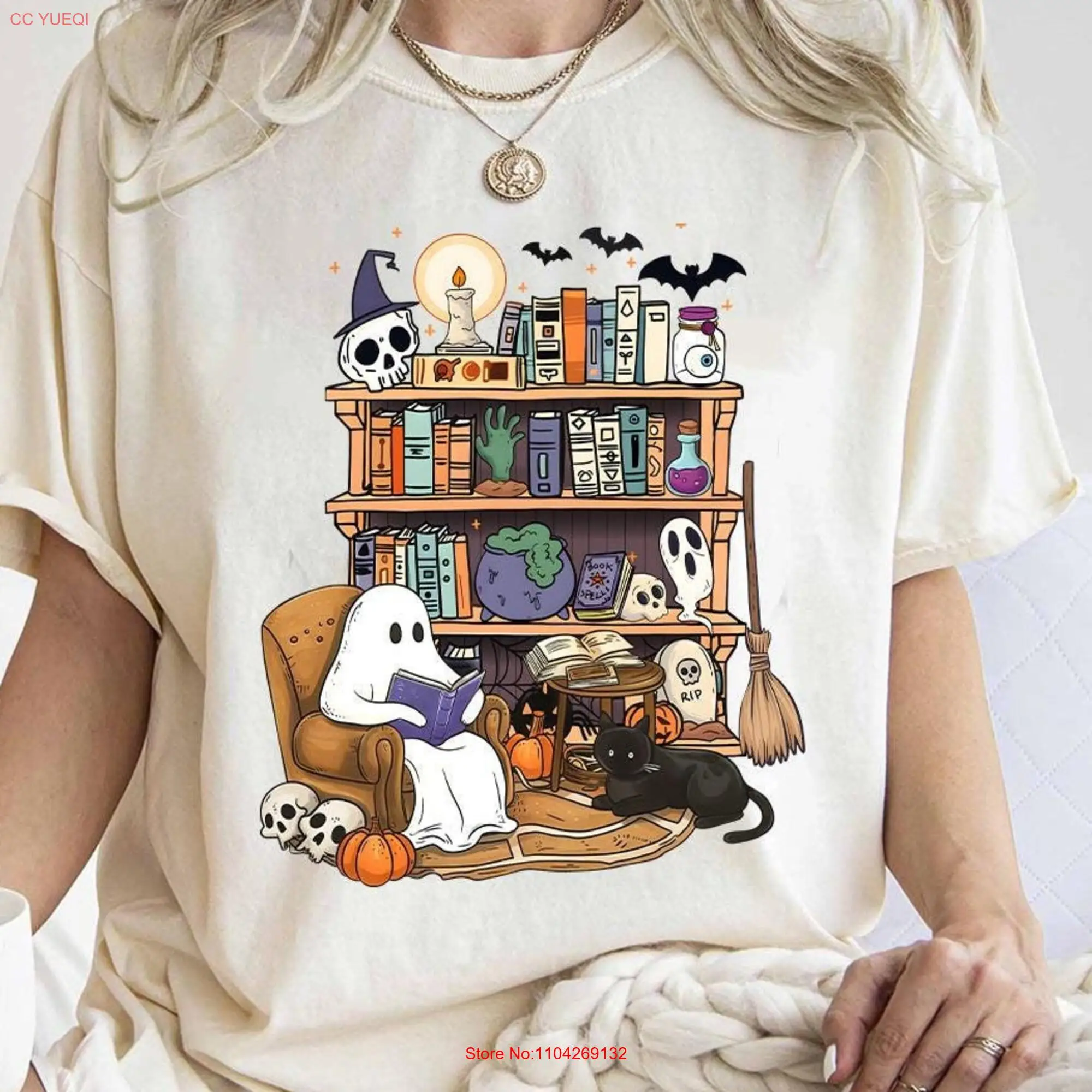 Cute Ghost Reading Books T Shirt for Halloween Spooky Teacher Librarian Bookshelf long or short sleeves