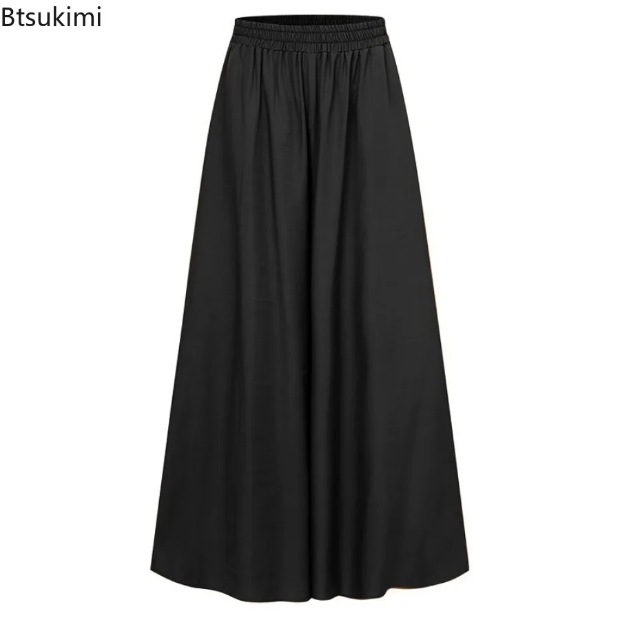 2024Women\'s Spring Summer Casual Pants Plus Size Wide Leg Pants Cotton Linen Mid Rise Elastic Drape Straight Leg Trousers Female