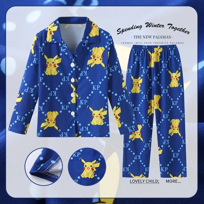 2023 novo anime pokemon pikachu pijamas para crianças primavera e outono modelos de manga comprida cardigan loungewear terno meninos menina presentes