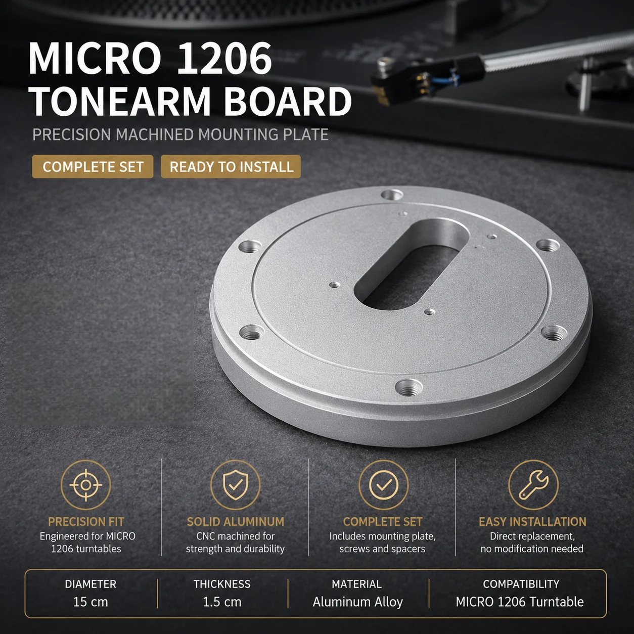 Плата для тонарма MICRO A-1206 из авиационного алюминия, 150 мм, 15 мм, для проигрывателя SME 3009, монтажная пластина для тонарма