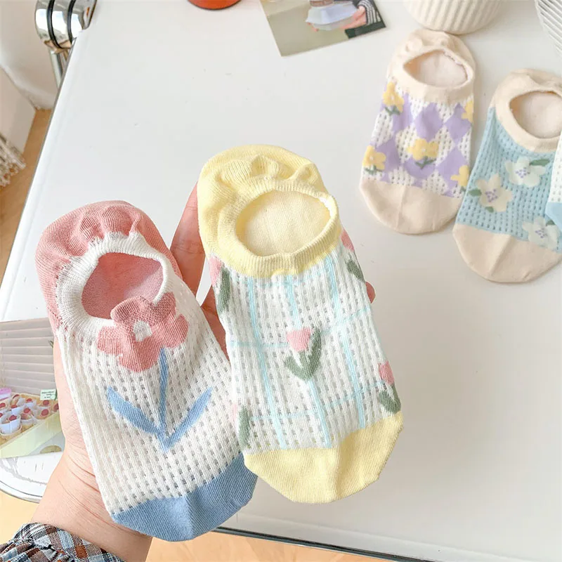 5 Pairs Women Summer Thin Three-dimensional Flower Socks High-Quality Cute Comfortable Breathable Comfortable Invisible Socks