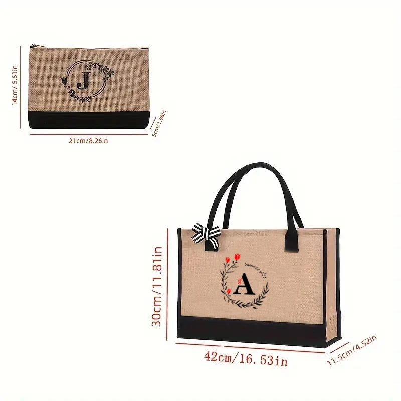 2PCS men\'s and women\'s handbags daily commuting shoulder bag pure natural singed linen printed letter handbag shopping bag