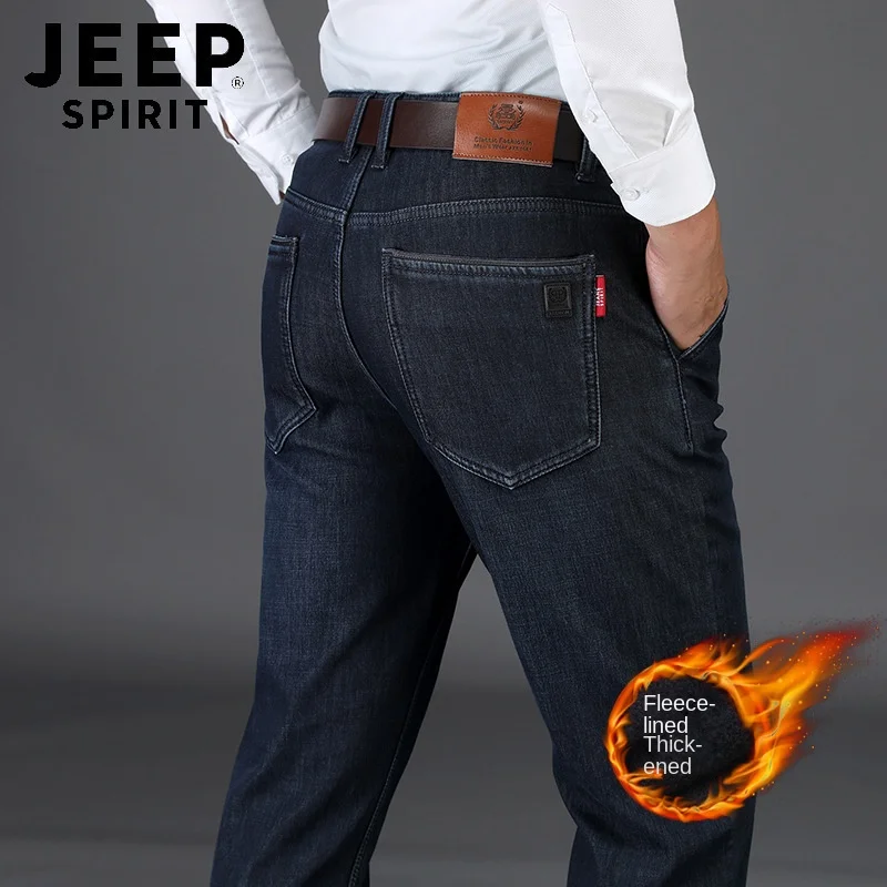 JEEP SPIRIT Winter Mens Thick Warm Jeans Classic Fleece Male Denim Pants Cotton Blue Black Quality Trousers for Men Brand Jeans