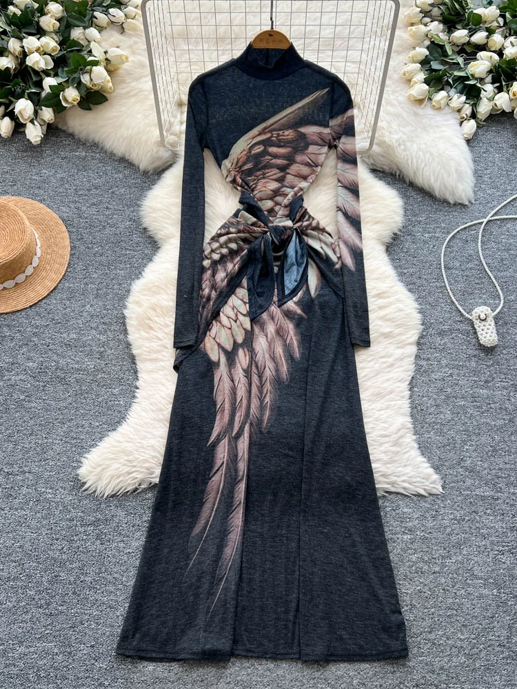 Cravatta retrò in vita lunga stampa Sve Dr coreano Sle a vita alta A-Line Midi Dr per le donne Summer Commute Faion