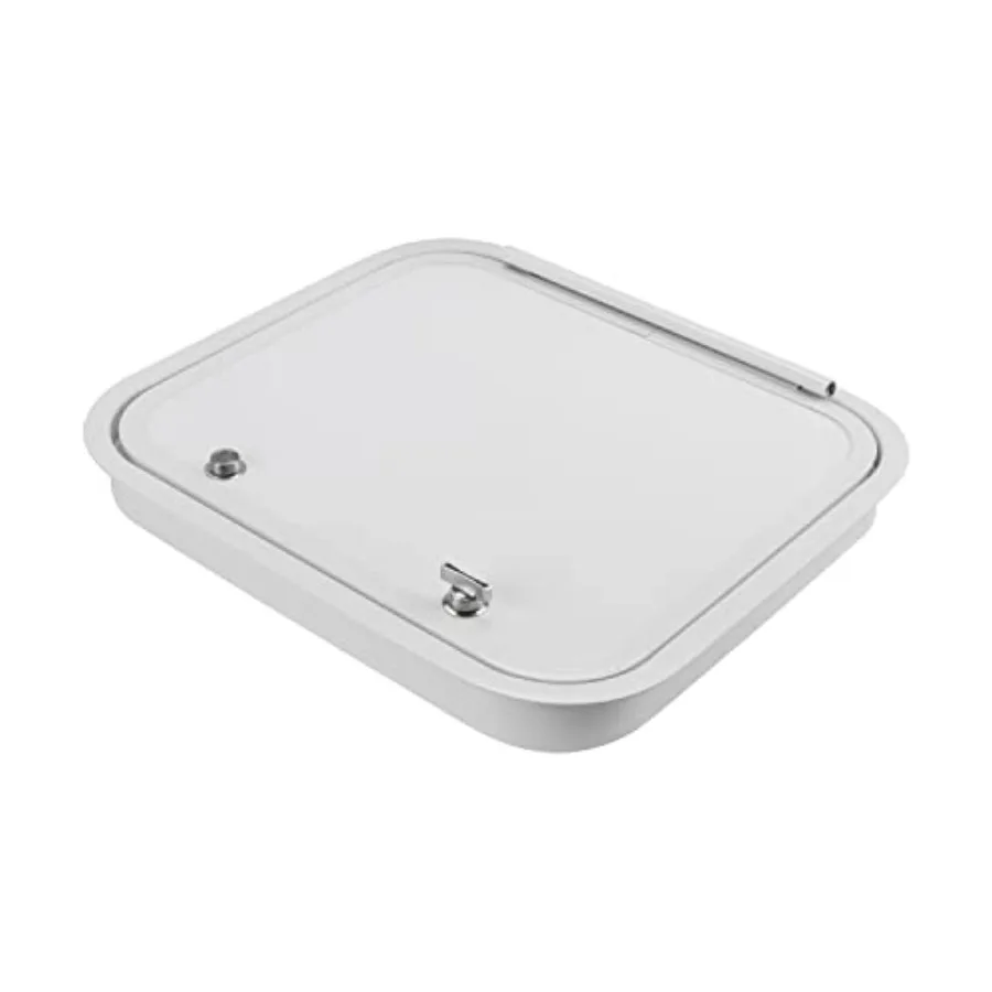 

RV baggage door for compartment access storage, white ABS plastic, 18 W x 16 H with rounded corners and thumblocks, top hinge m