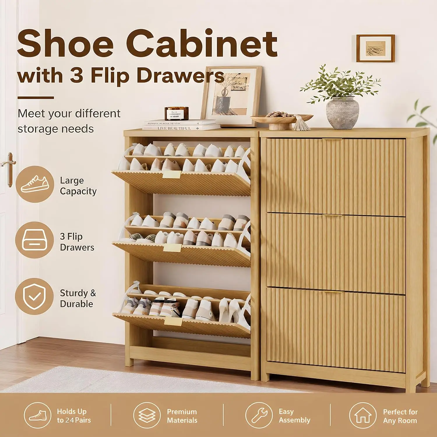 Fluted Shoe Cabinet 3 Flip Drawers 48