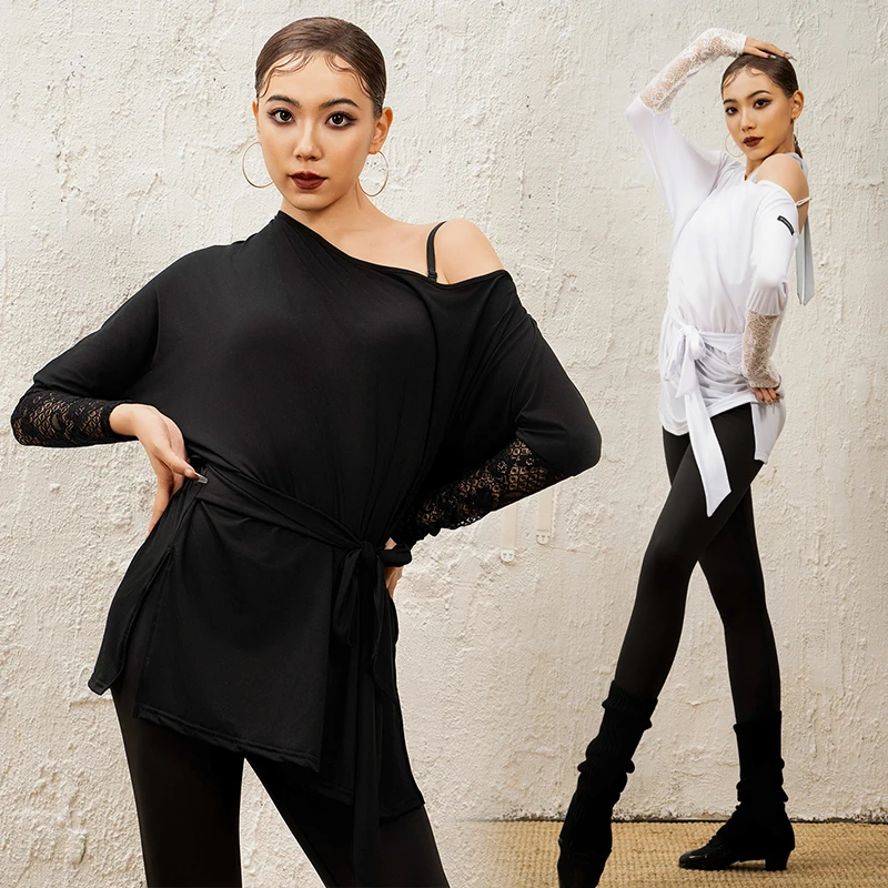 

New Black Latin Dance Top Women Long Sleeve Practice Tops White Tango Rumba Training Dancewear Adult Line Dance Clothes VDL4274