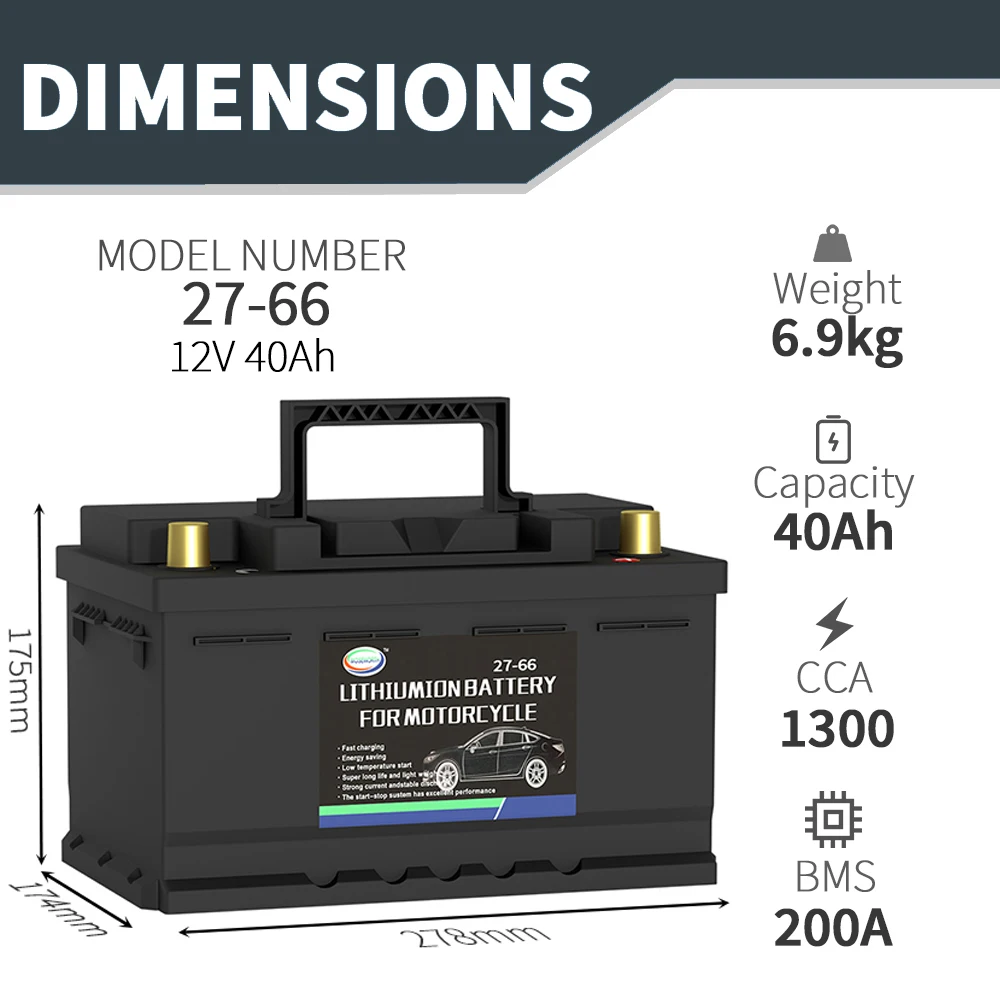 

12V 40Ah CCA 1300A Lifepo4 Battery for Car Starting Iron Phosphate Battery 27-66 Portable Rechargeable Replacement for Cars