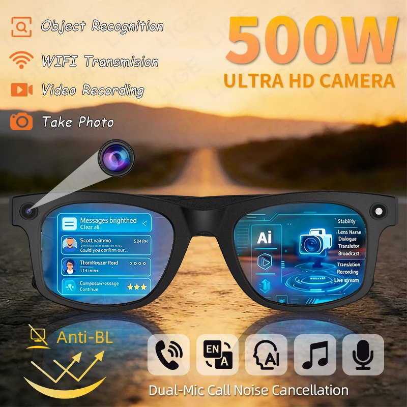 

LIGE 5MP Camera AI Smart Glasses Photo Video Recording Translator Voice Assistant Music Bluetooth Call Touch Control Sunglasses