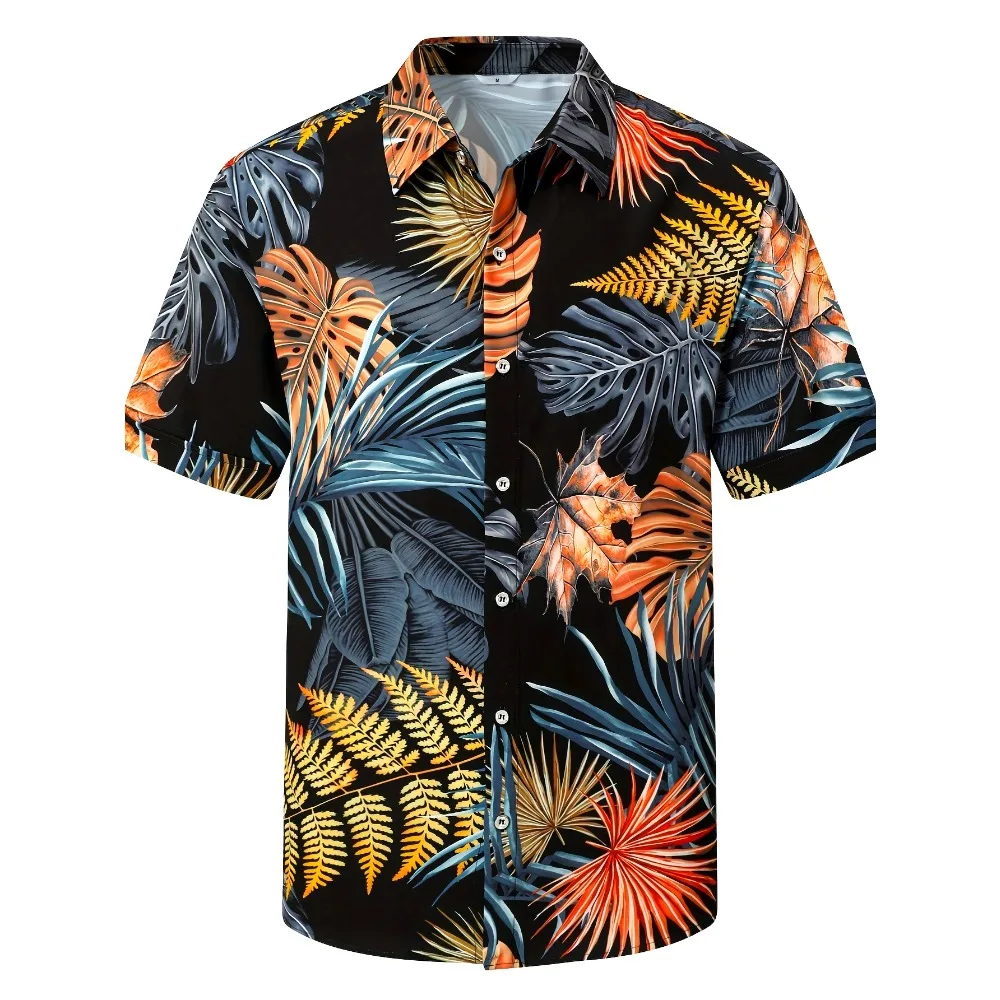 Men's Tropical Hawaiian Shirt Vibrant Fern & Palm Leaf Print, Casual Short Sleeve Button