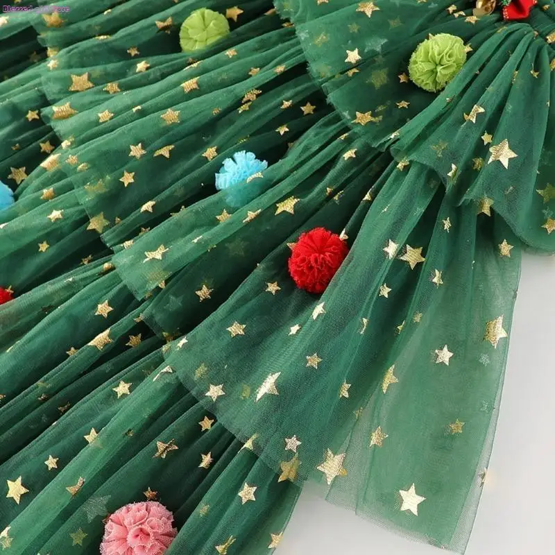 D0JC Toddler Christmas Dress Star Print Lace Tulle Sundress for Parties Daily Wear