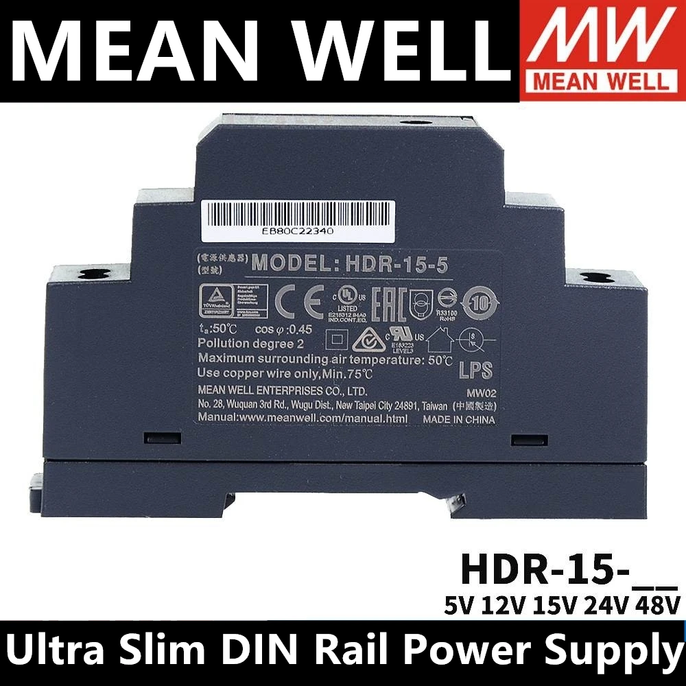 Mean Well HDR-15-24 85-264VAC TO DC 5V 12V 15V 24V 48V meanwell Ultra Slim DIN Rail Power Supply HDR-15-5 HDR-15-12 HDR-15-15 48