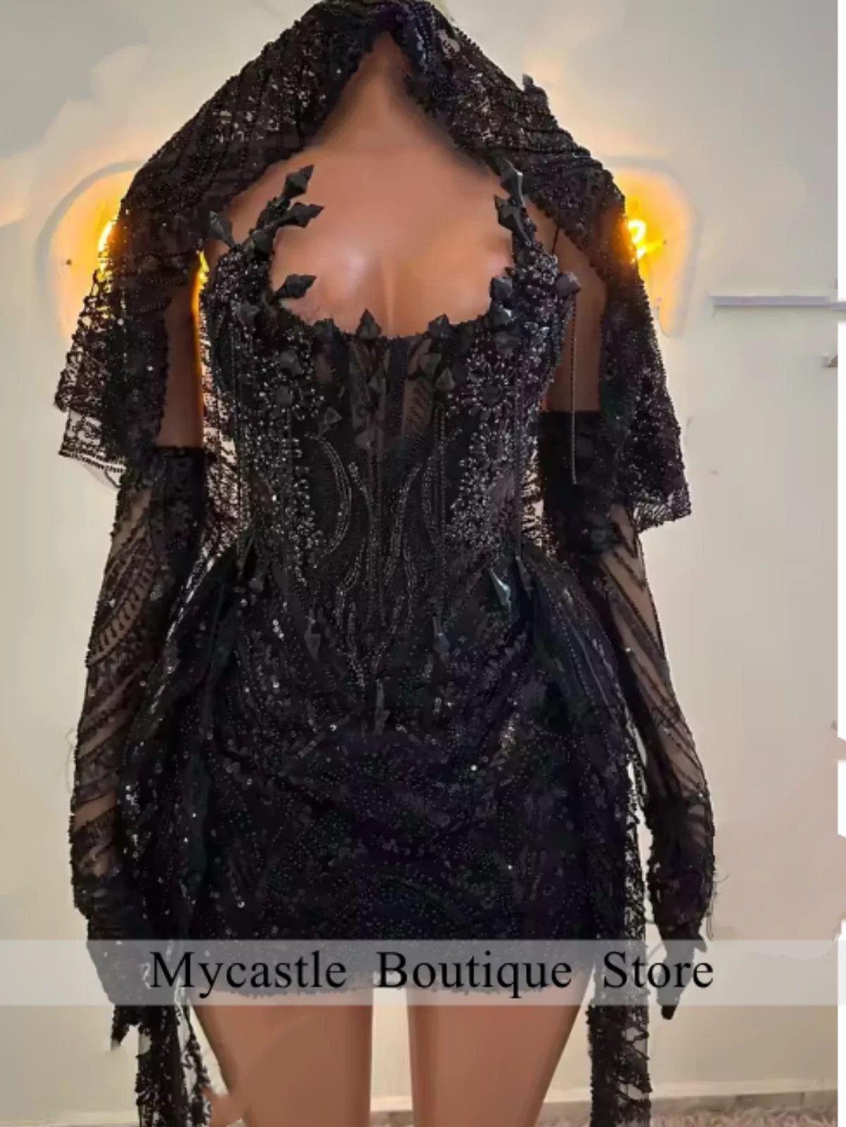 ชุดราตรีสีดำเงาใหม่สำหรับสาวๆ ปี 2026 พร้อมถุงมือ ประดับลูกปัดหรูหรา ชุดมินิเดรสสำหรับงานวันเกิด ชุดราตรีสำหรับผู้หญิง สามารถสั่งตัดได้