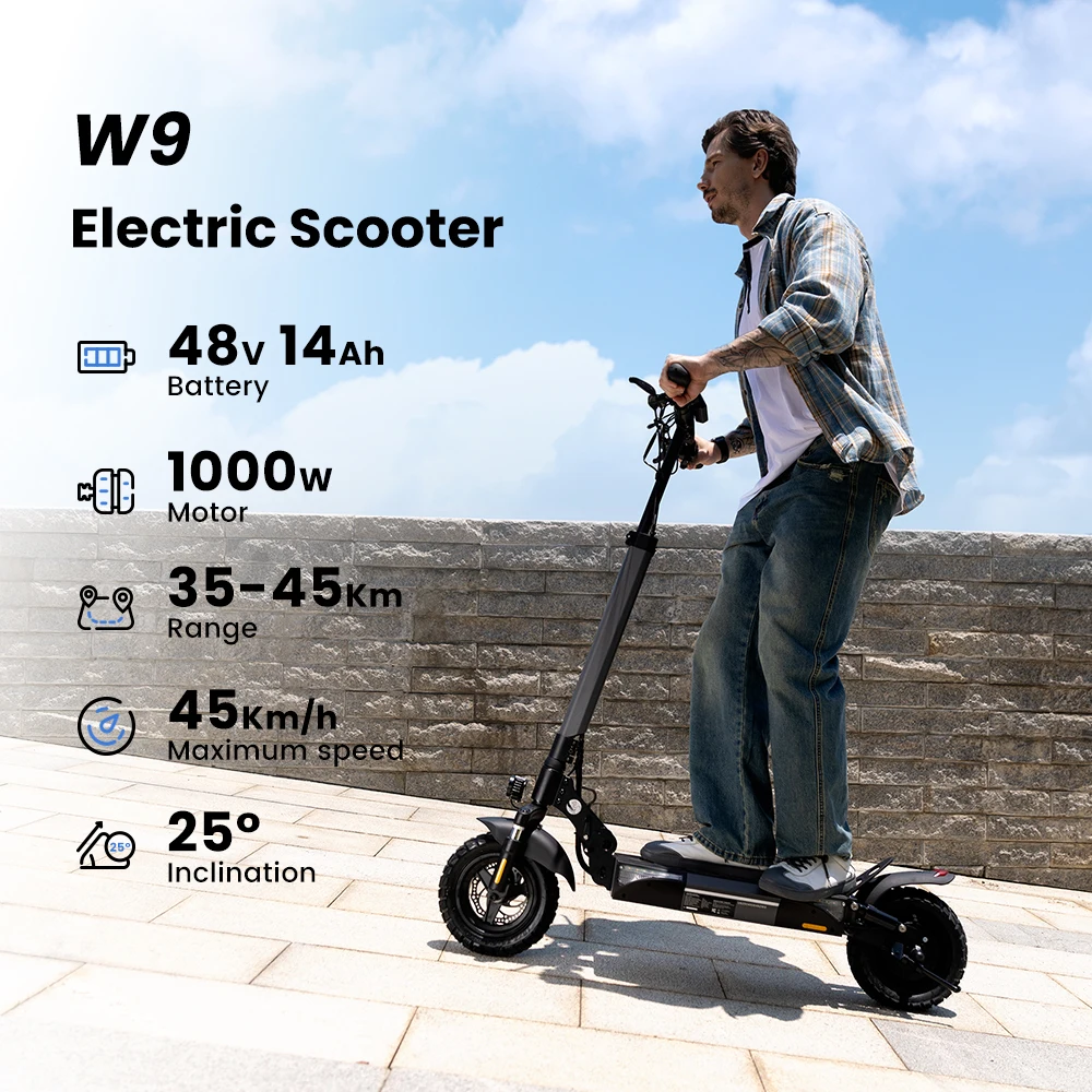 IScooter W9 Elektroroller 1000W Motor 48V14AH Hochleistungs-Lithium-Batterie Unterstützt APP E-Scooter Vordere und Hintere Scheibenbremsen Stadtfahrten Höchstgeschwindigkeit 45KM/H Maximale Reichweite