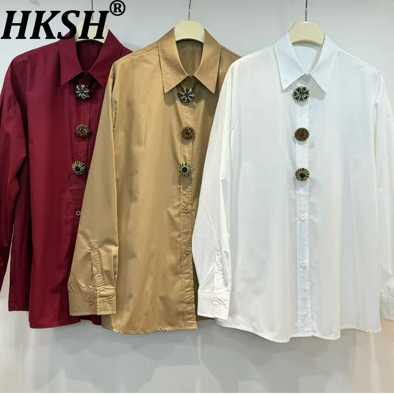 

HKSH Spring Autumn New Women Shirt Buttoned Long Sleeves Turn-down Collar Versatile Elegant Chic Blouse High Street Tops HK16443