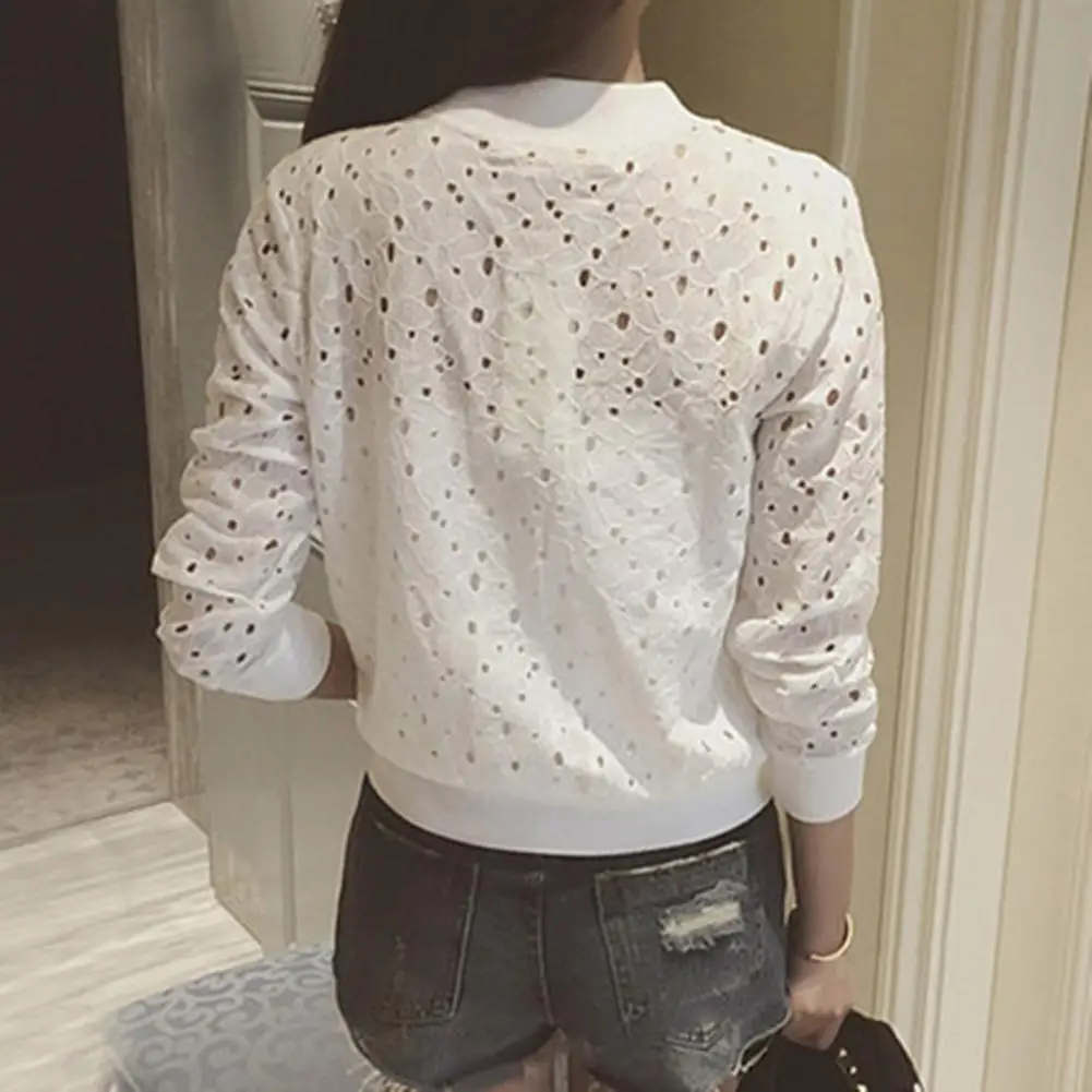 Women Thin Lace Jacket Airy See Through Delicate Open Weave Floral Motif Hollow Out Stand Collar Zip Up Long Sleeve Short Coat