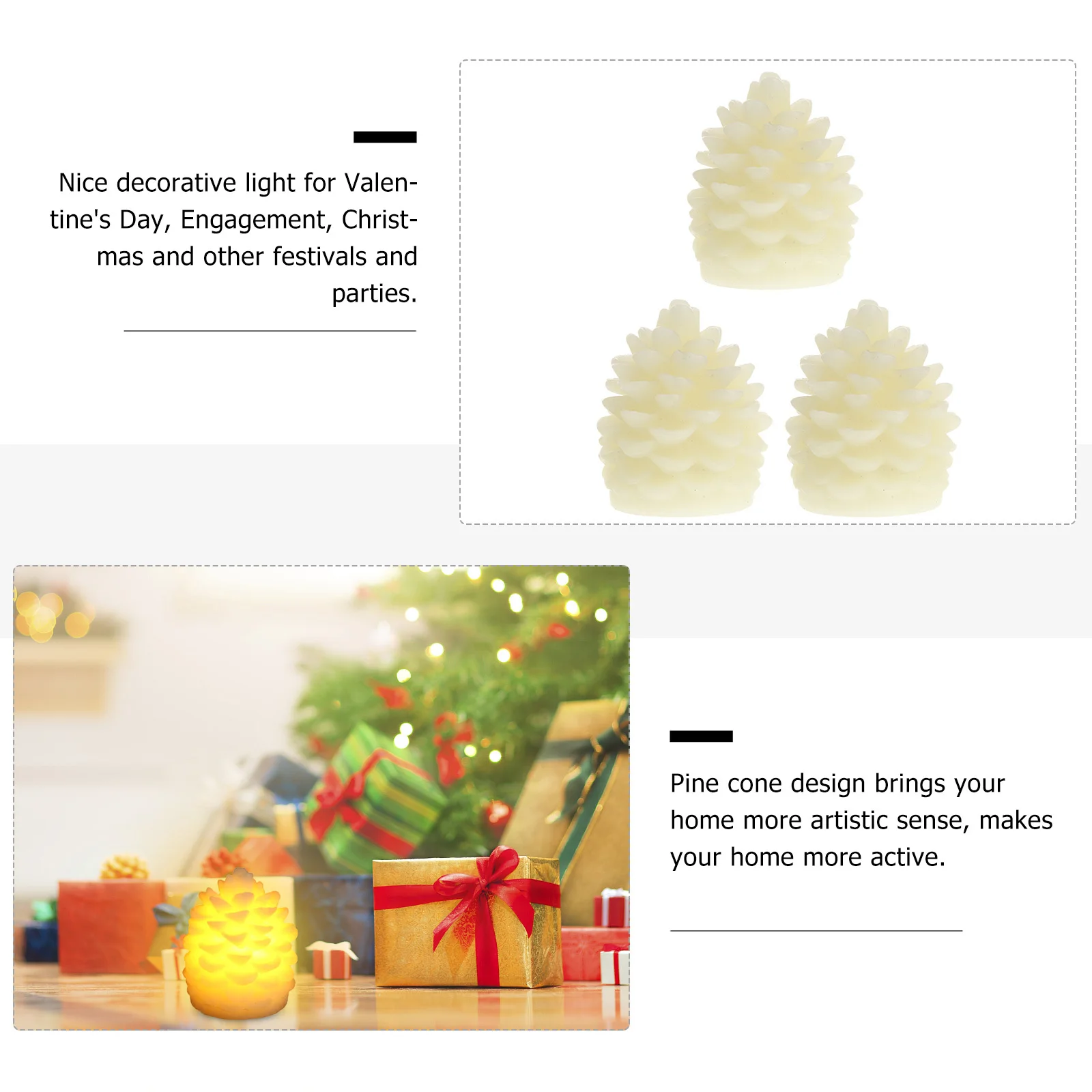 

3pcs Led Pine Cone Candles Flameless Wax Lights Warm Yellow Night Lamp For Christmas Holiday Party Decorations