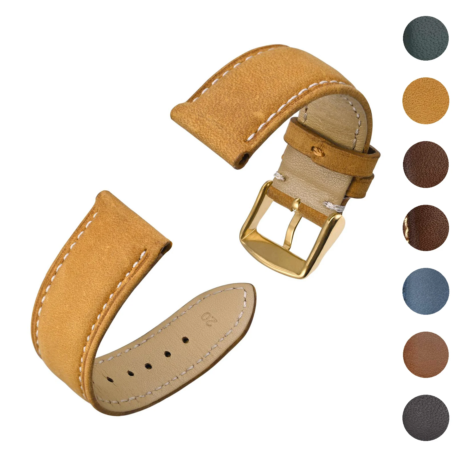 ANBEER Leather Watch Strap 18mm 20mm 22mm Traditional Watches Repalcement watch band Gold Stainless Steel Buckle