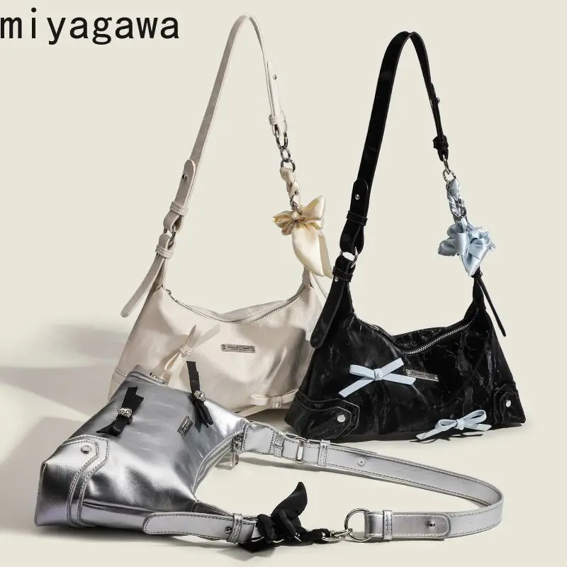 Miyagawa 2024 New Bow Sweet Cool Spicy Girl Y2K One Shoulder Crossbody Bags Spliced One Shoulder Chain Underarm Bag