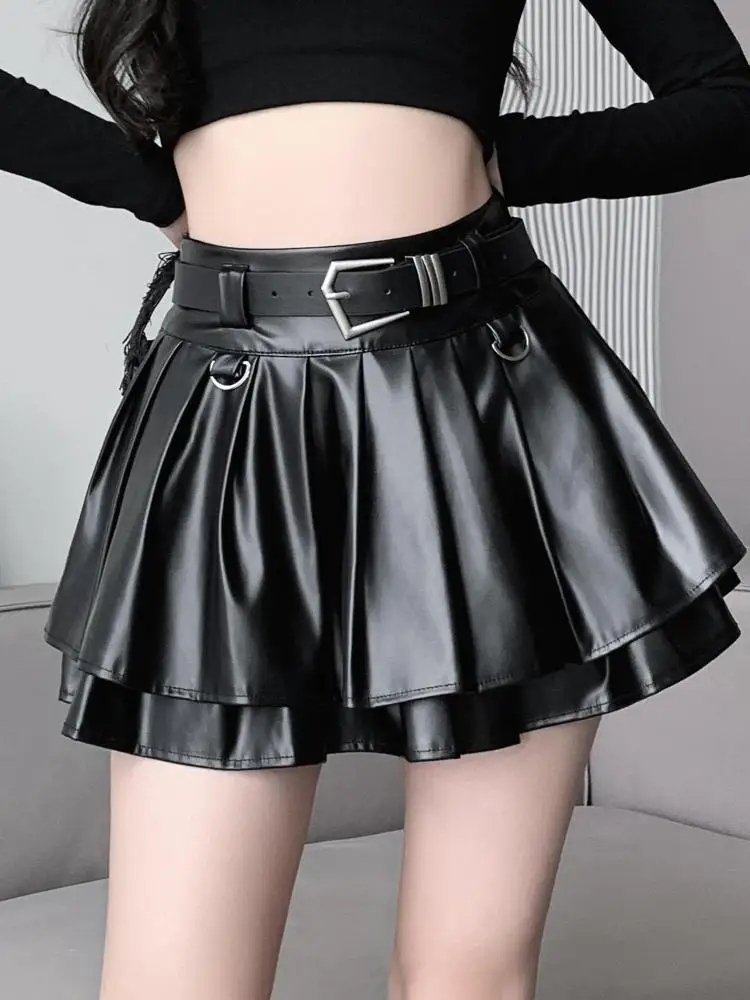 2025 New Silvery High Waist Slim A-line Short Puffy Skirt Black With Belt Pleated Pu Leather Ball Gown Skirt Women Autumn Winter
