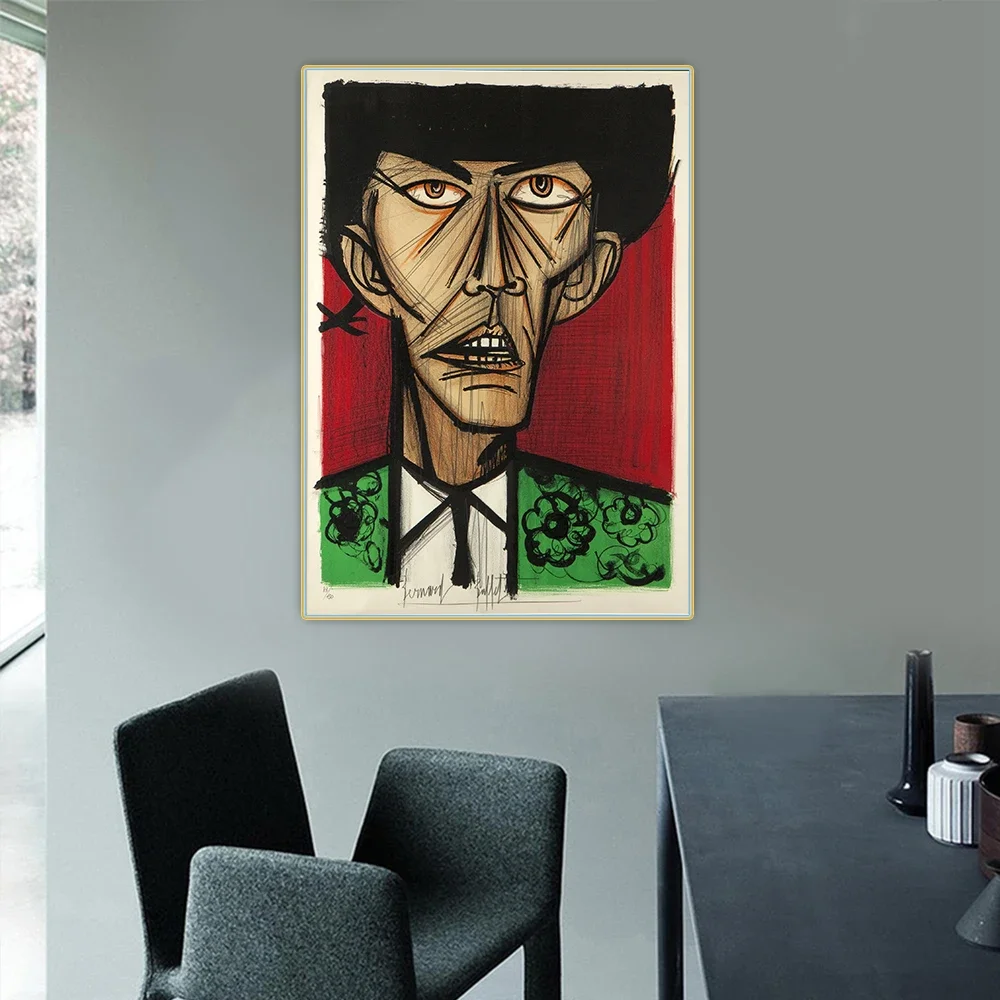 Bernard Buffet "Torero fondo rojo y verde", pintura al óleo en lienzo, cuadro decorativo estético, decoración de pared, decoración del hogar