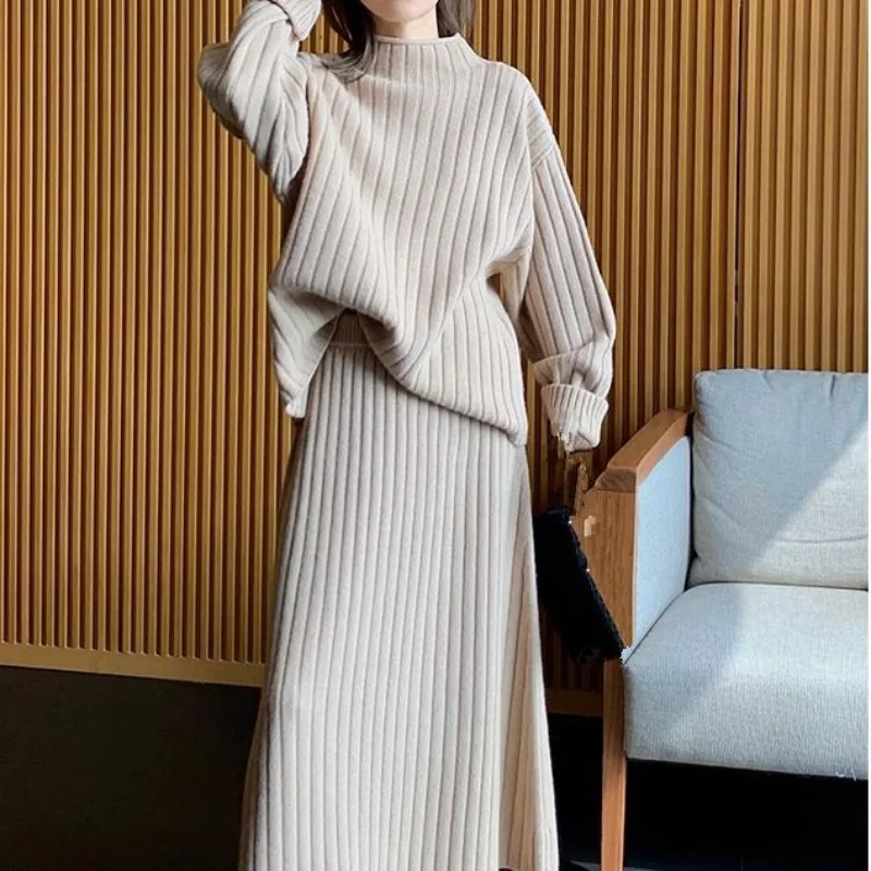 Autumn and Winter Women\'s Warm Knit Suit Fashion Commuter High Quality Loose Mock Neck Pullover Sweater Skirt 2pcs Matching Set