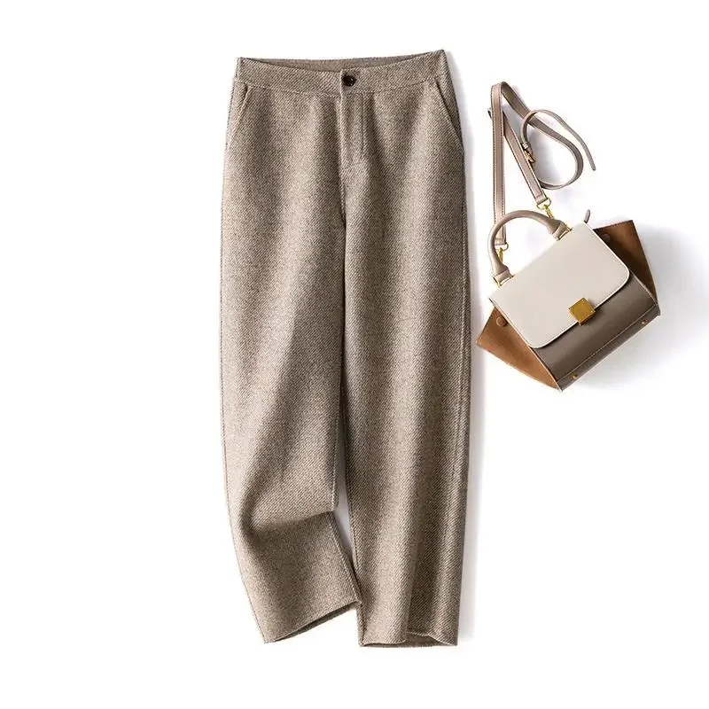 

Women Wool Blend Suit Pants 2024 Korean Fashion Winter Hight Waist Straight Trousers All-Match Baggy Ankle-Length Pants J175