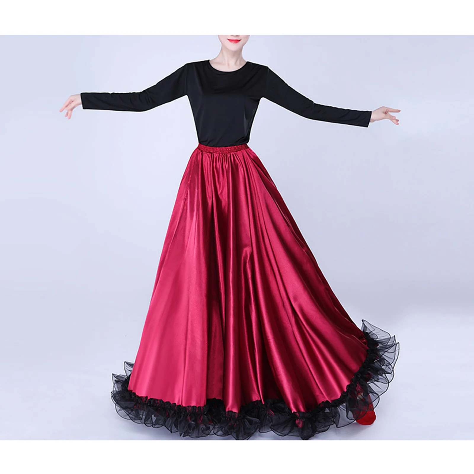 Vrouwen Spaanse Flamenco Bull Dance Rok Buikdans Rok Ruches Zoom Grote Swing Satijn Maxi Rok Professionele Danskostuums