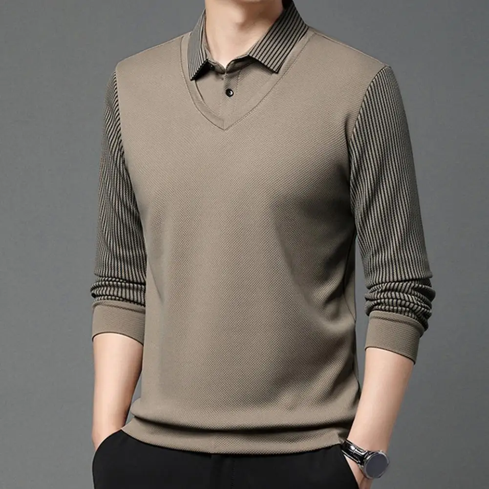 Fall Winter Men Sweater Thick Fake Two-piece Lapel Striped Business Top Slim Fit Plush Long Sleeve Knitted Pullover Top