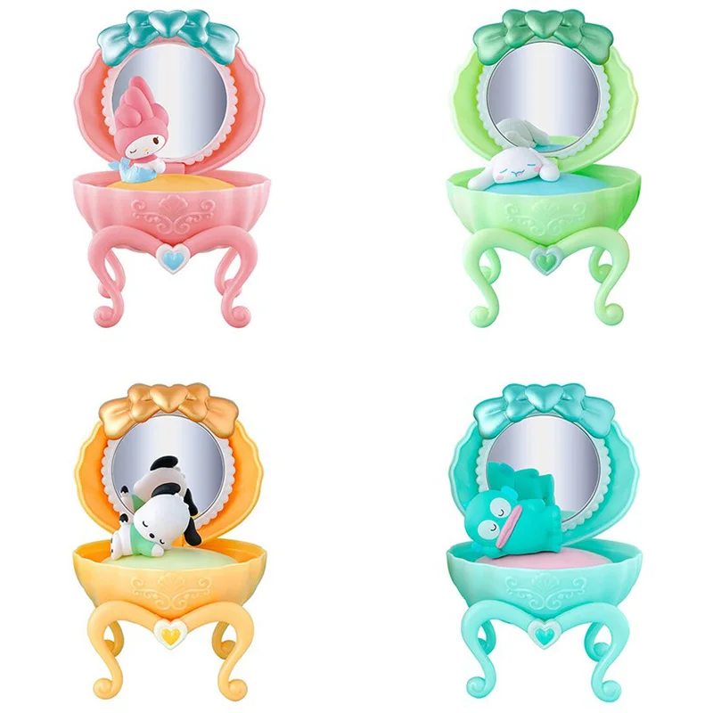 4Pcs/set Genuine Sanrioed My Melody Cinnamoroll Pochacco Mini Makeup Mirror Storage Box Gashapon 2 Model Toys Gift for Birthday