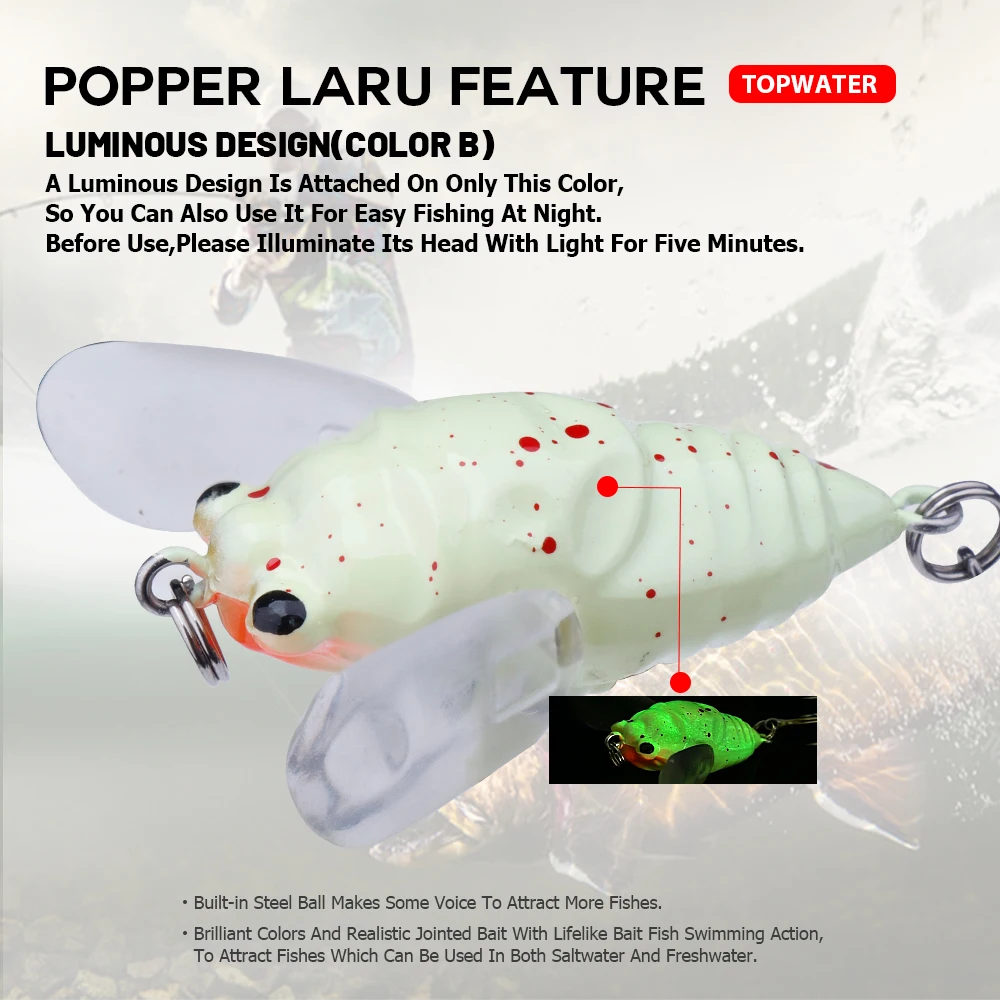 Agoie 6.5g 5cm Topwater Popper Lure with Wings Artificial Bait Lifelike Cicada Glow in the Dark Fishing Lure for Pike Bass - view 3