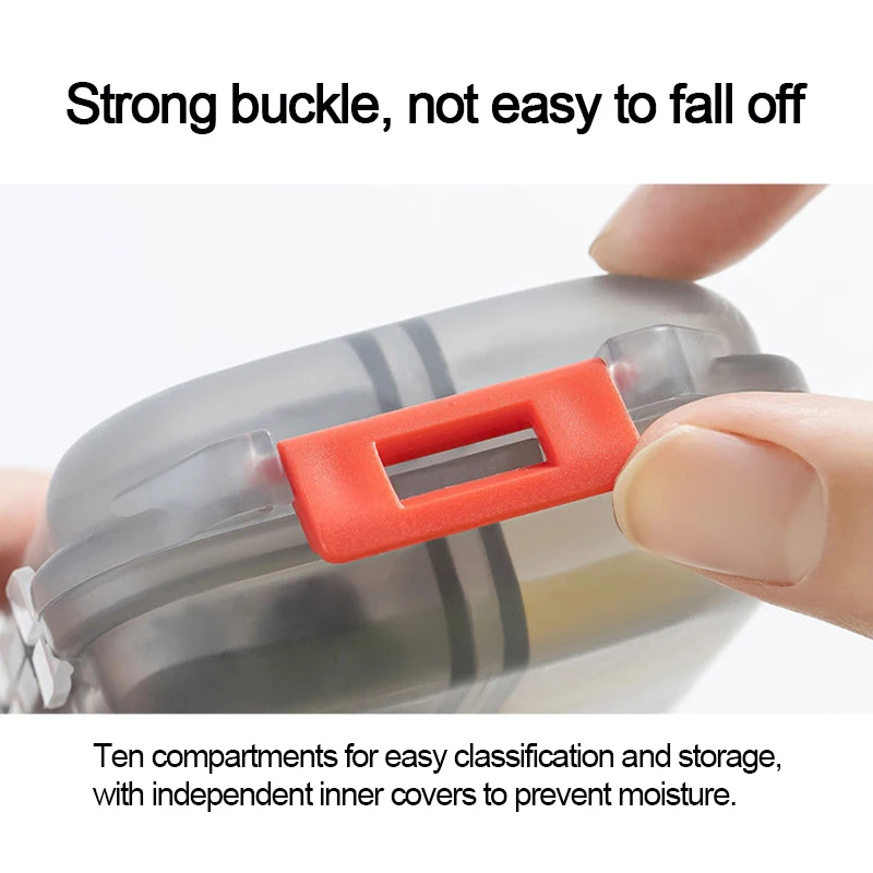 10 مقصورات منظم حبوب السفر، صندوق تخزين حبوب الدواء المحمول، حاوية حبوب منع الحمل اليومية أو محفظة زيت السمك