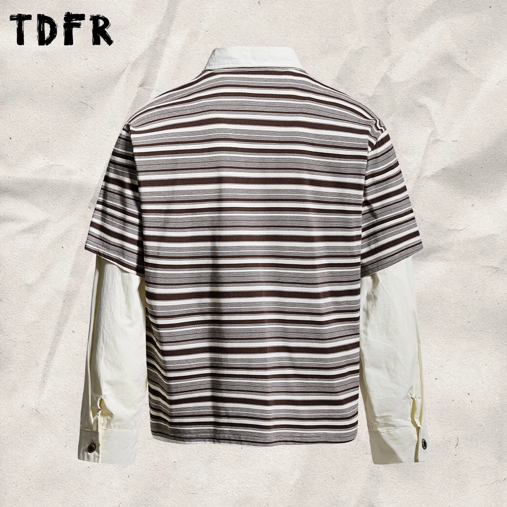 Horizontal Stripes Fake Two Pieces Polo Shirt Mens Autumn Lapel Casual Spliced Long Sleeve ‌Faux Layered Cotton Tee Man