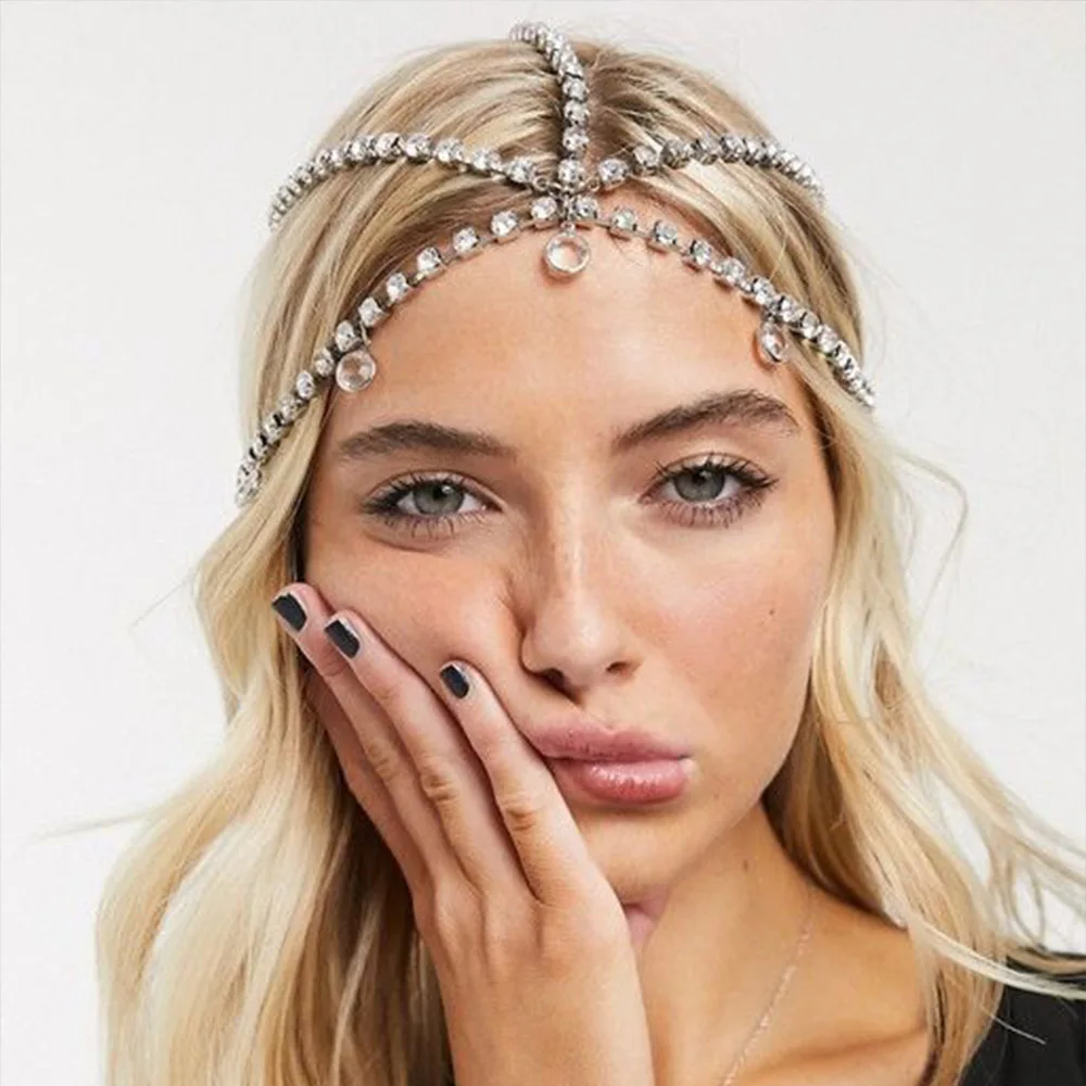 

Elegant Head Chain Wedding Headpiece 3 Layers Rhinestone Indian Forehead Headband For Bridal Tiara Women Party Bride Headdress