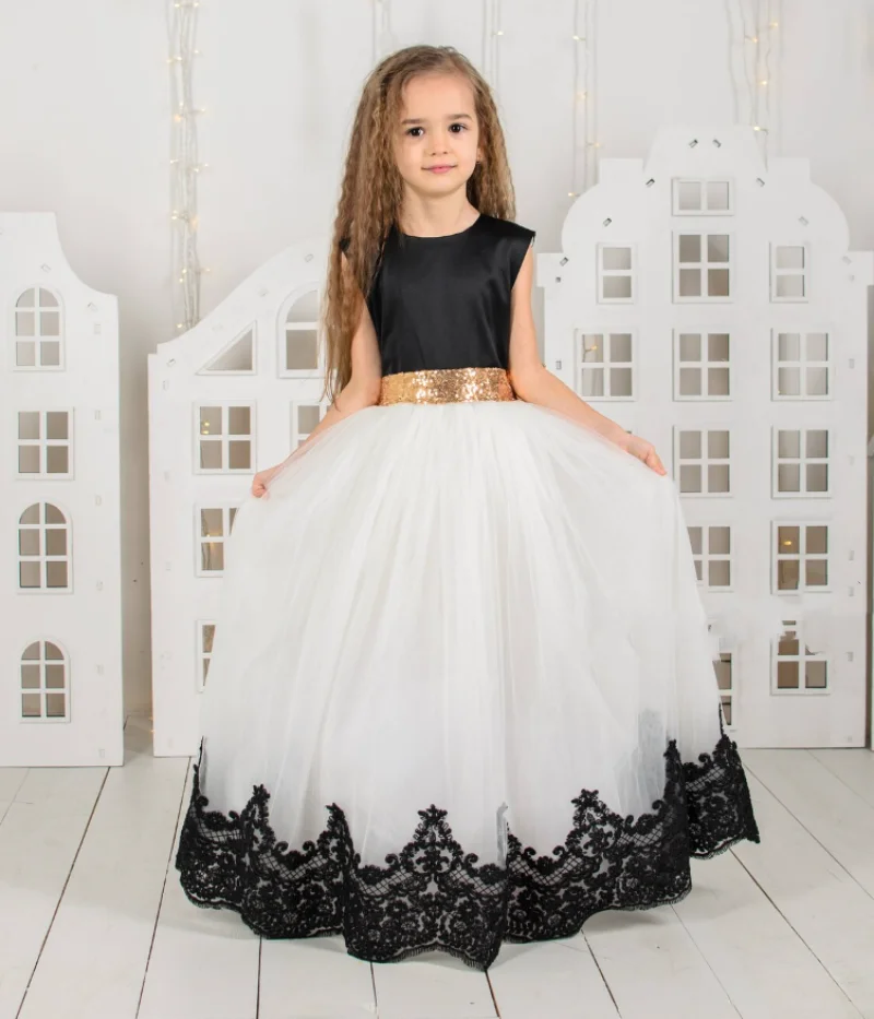 Black Lace White Tulle Flower Girl Dress Birthday Gown with Gold Ribbon Elegant Dress Photoshoot Dress Formal Gown