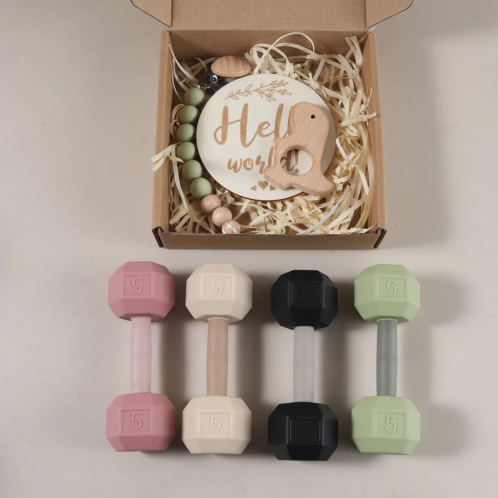 2026 Newborn Gift Set Silicone Teething Dumbell Toy Soothing Rattle Toy Dummy Clip Gym Play Milestone Gift Box