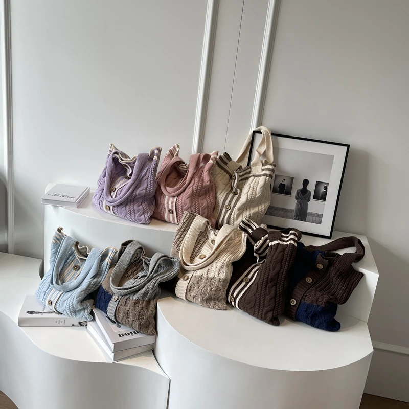 Button Knit Women's Bag Knitted Eco Bag Korean Shopping Y2K Crochet Rope Shoulder Bag Contrast Color Knitting Handbags Tote Bag