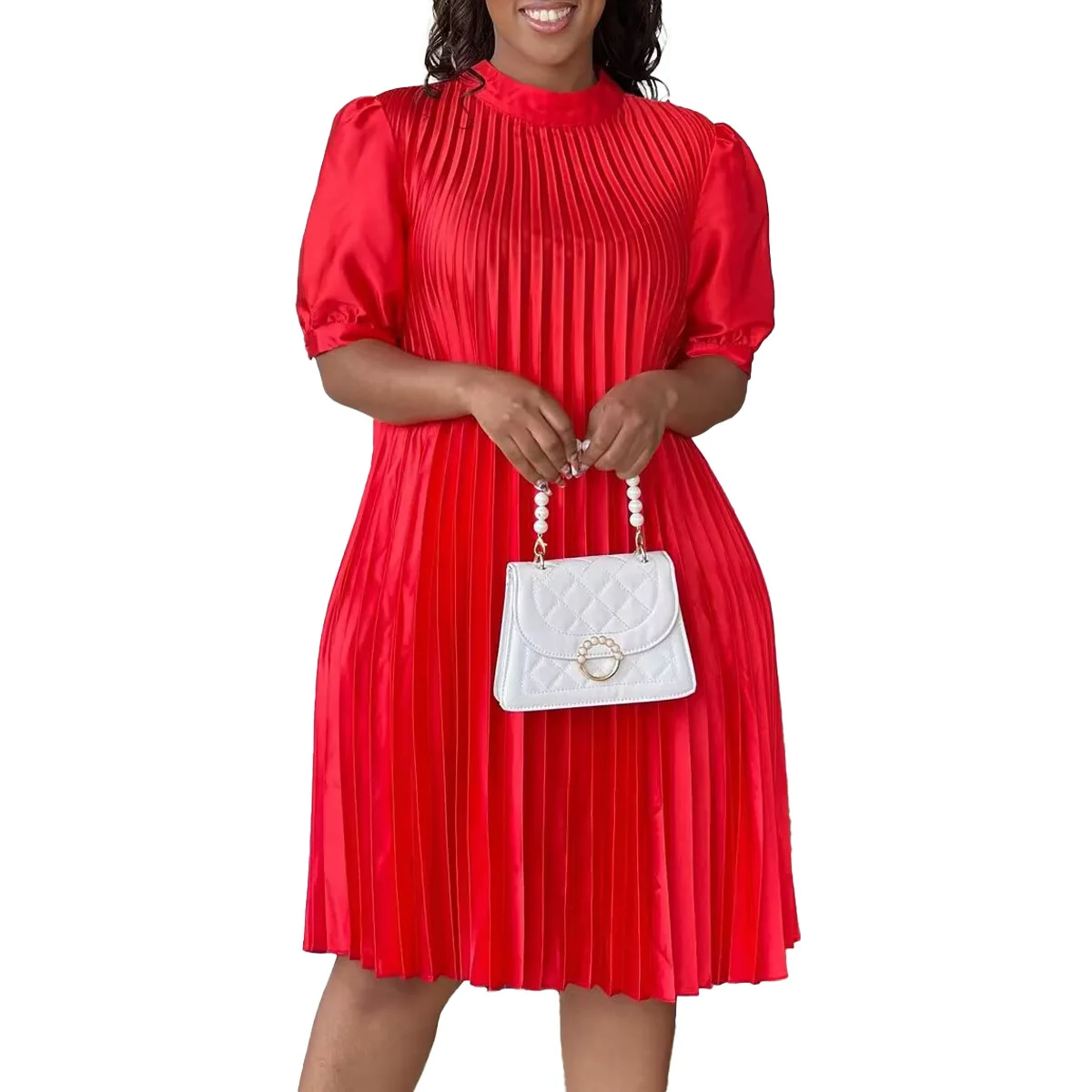 

2023 Summer Fashion Style African Women Half Sleeve O-neck White Red Polyester Knee-length Dress S-3XL African Dresses for Women