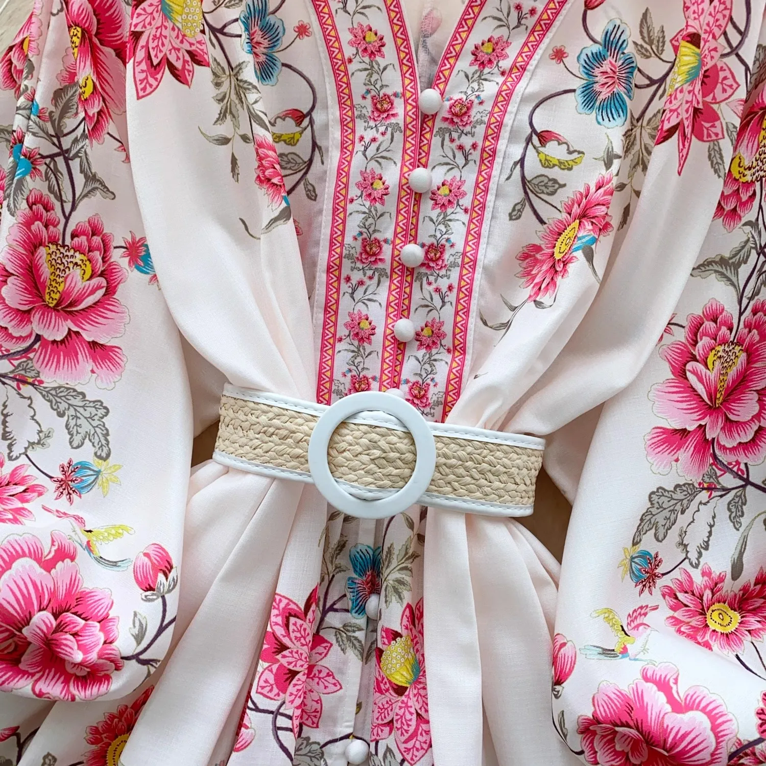 2025 Summer Holiday Boho Gorgeous Flower Mini Dress Women Lantern Sleeve V-Neck Single Breasted Belt Short Party Vestidos