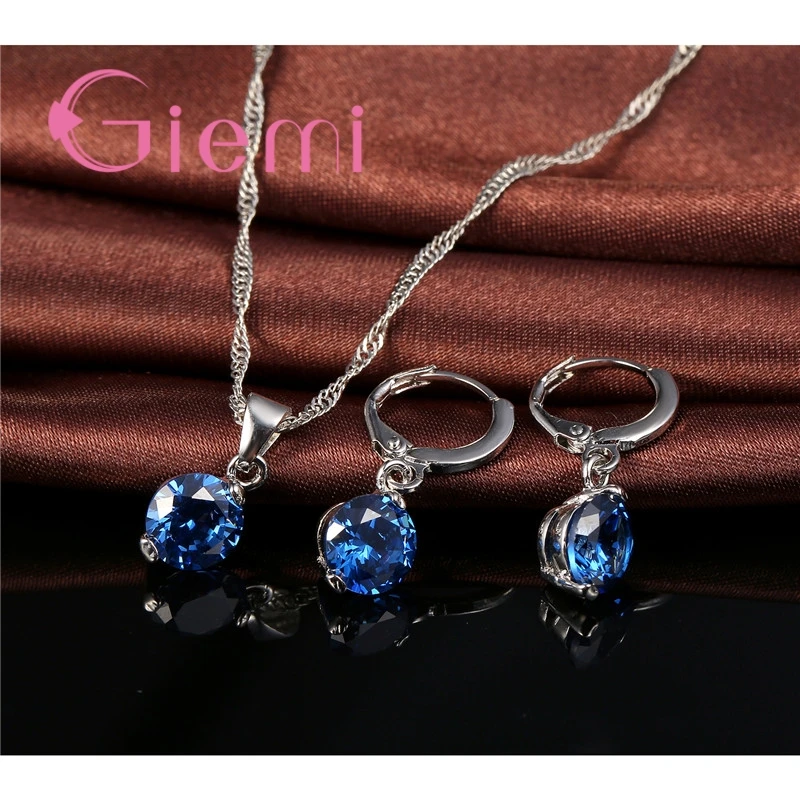 Hot Sell Popular Classic Round 925 Silver Wedding Engagement Jewelry Sets For Women Pendant Necklace Hoop Earring