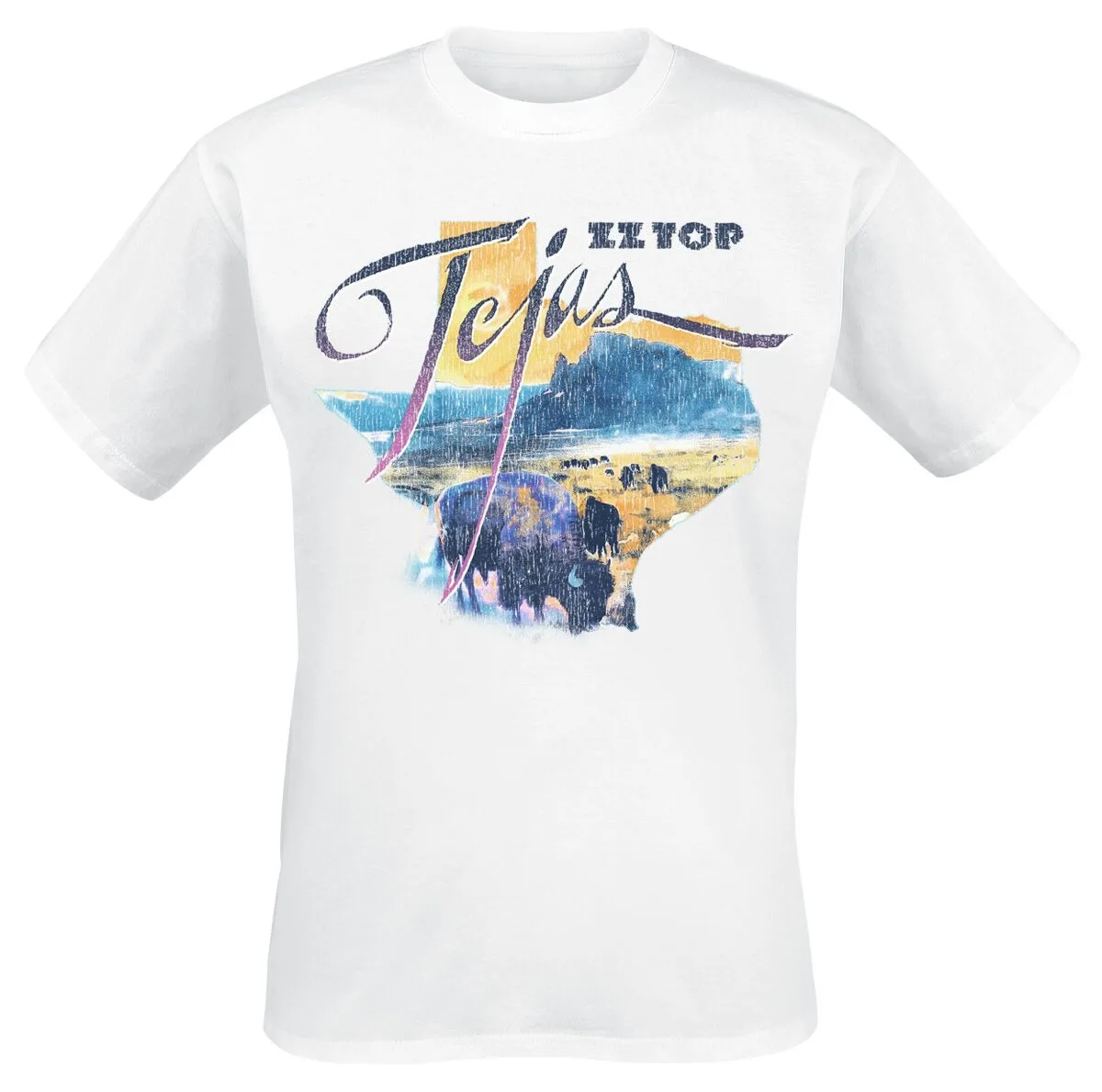 Camiseta Vintage ZZ Top Tejas, Camiseta Clásica de Rock con Arte de Álbum Desgastado y Diseño de Bisón del Oeste para Fans