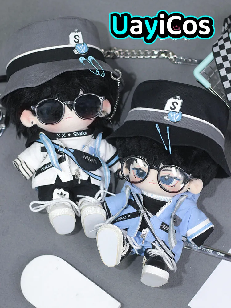 Cool Handsome Fashion Bucket Hat Blue White Coat Stuffed  20cm Plushie Cotton Doll Clothes Accessories Anime Toy For Kids Gifts