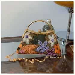 Vintage Khaki Brown Evening Bag Autumn Retro Fashion Embroidery Flower Handbags Prom Party Chain Shoulder Bag Clutches For Women