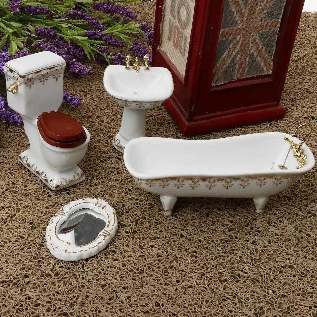 1/12 Dollhouse Miniature Bathroom Toys Set 4 PCS Furniture Set Toilet (Bathtub Toilet Sink Mirror) Dollhouse Furnishings decore