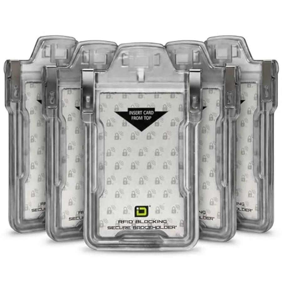 

Identity Stronghold - Pack of 5 - Secure RFID Badge Holder for 1 Card - Heavy Duty Hard Plastic ID Badge Holder - USA Molded an