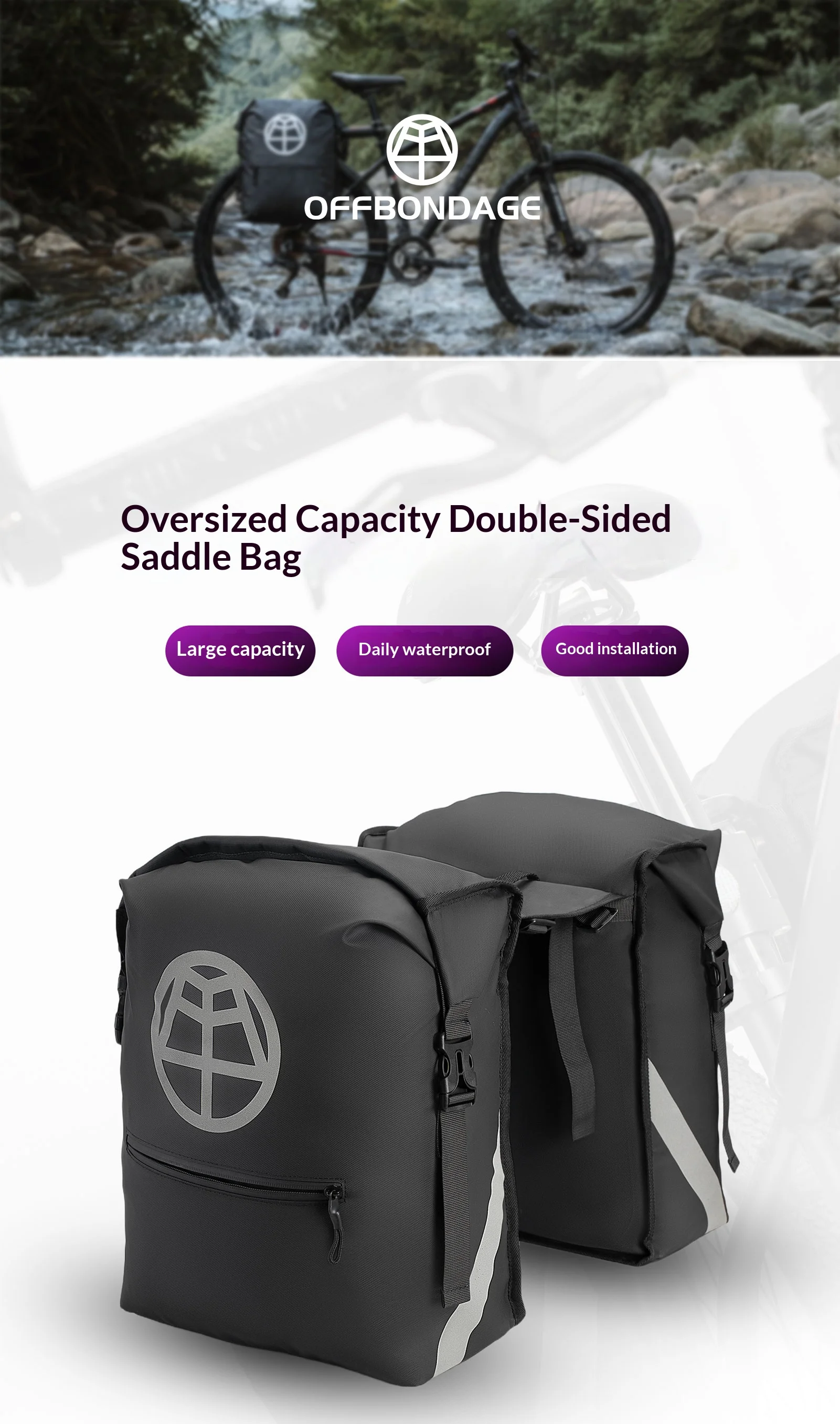 OFFBONDAGE Fahrradtaschen, 43,2 l, großes Fassungsvermögen, wasserdicht, doppelseitig, für MTB, Rennrad, Rücksitz, Kofferraumtasche, Fahrradzubehör – Detail 1